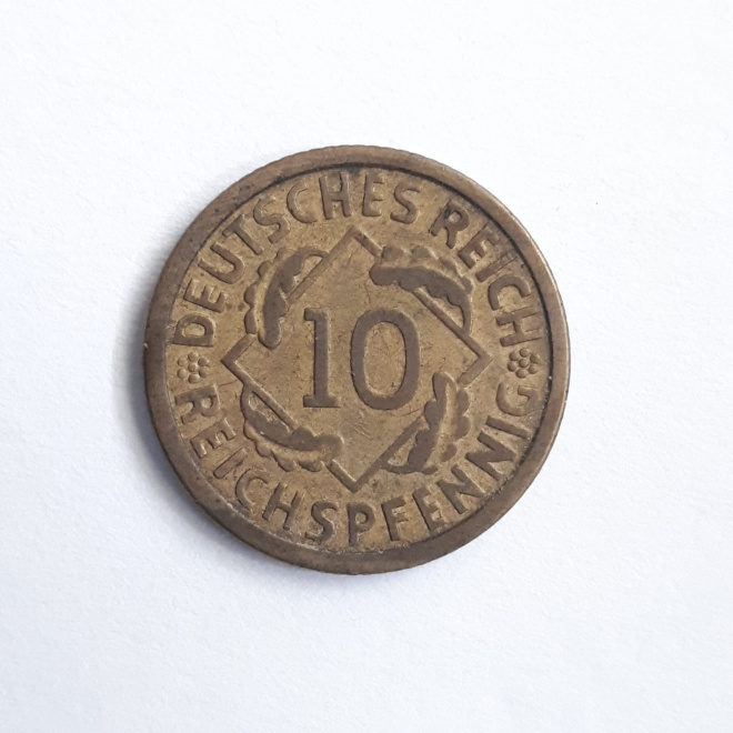 Монета 10 пфеннингов 1924 года Е. Веймарская республика